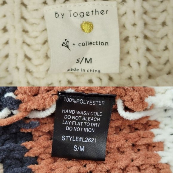 By Together Chunky Knit Cowl Neck Striped Sweater Womens Size S/M Oversized - Picture 7 of 13